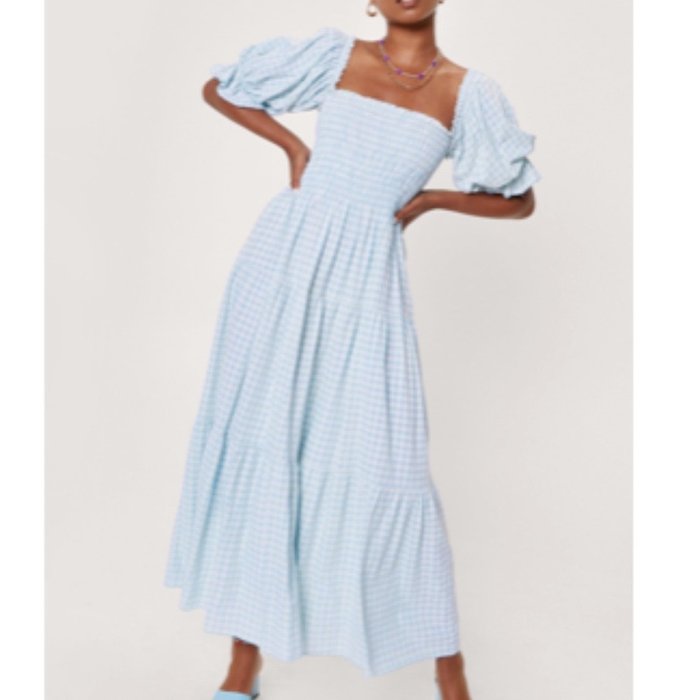 Nasty Gal Blue Gingham Puff Sleeve Maxi Dress